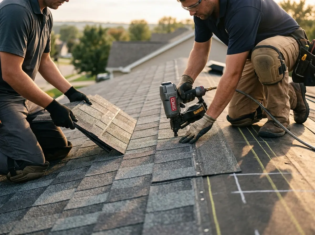 Professional roofer working on a residential roof in Massapequa Park